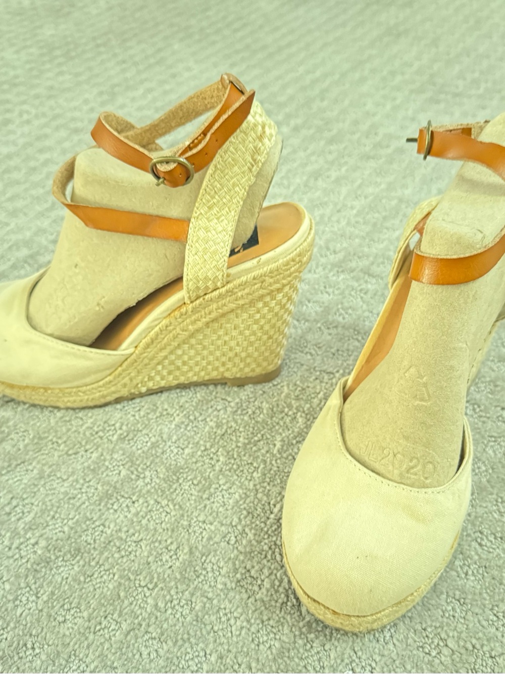 Women’s BC Beige Canvas Wedge Sandals with Brown Ankle Straps